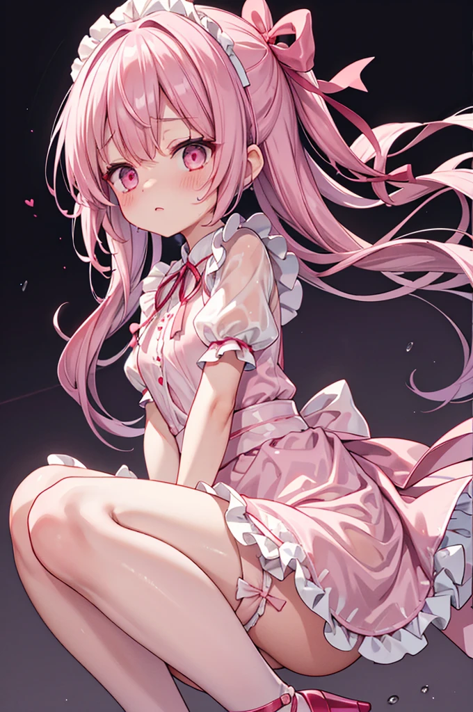 Highest quality、Shiny silk short sleeve puff sleeve pink maid outfit、See-through、Very short skirt、Fluffy red ribbon、A short white ruffled apron、White garter belt with ribbon、Pink high heels with ribbon、Large headband with ribbon、Flushed Cheeks、Embarrassed look、panic、Soaking wet、Strong winds、Overreaching、Facing forward、Looking up from below