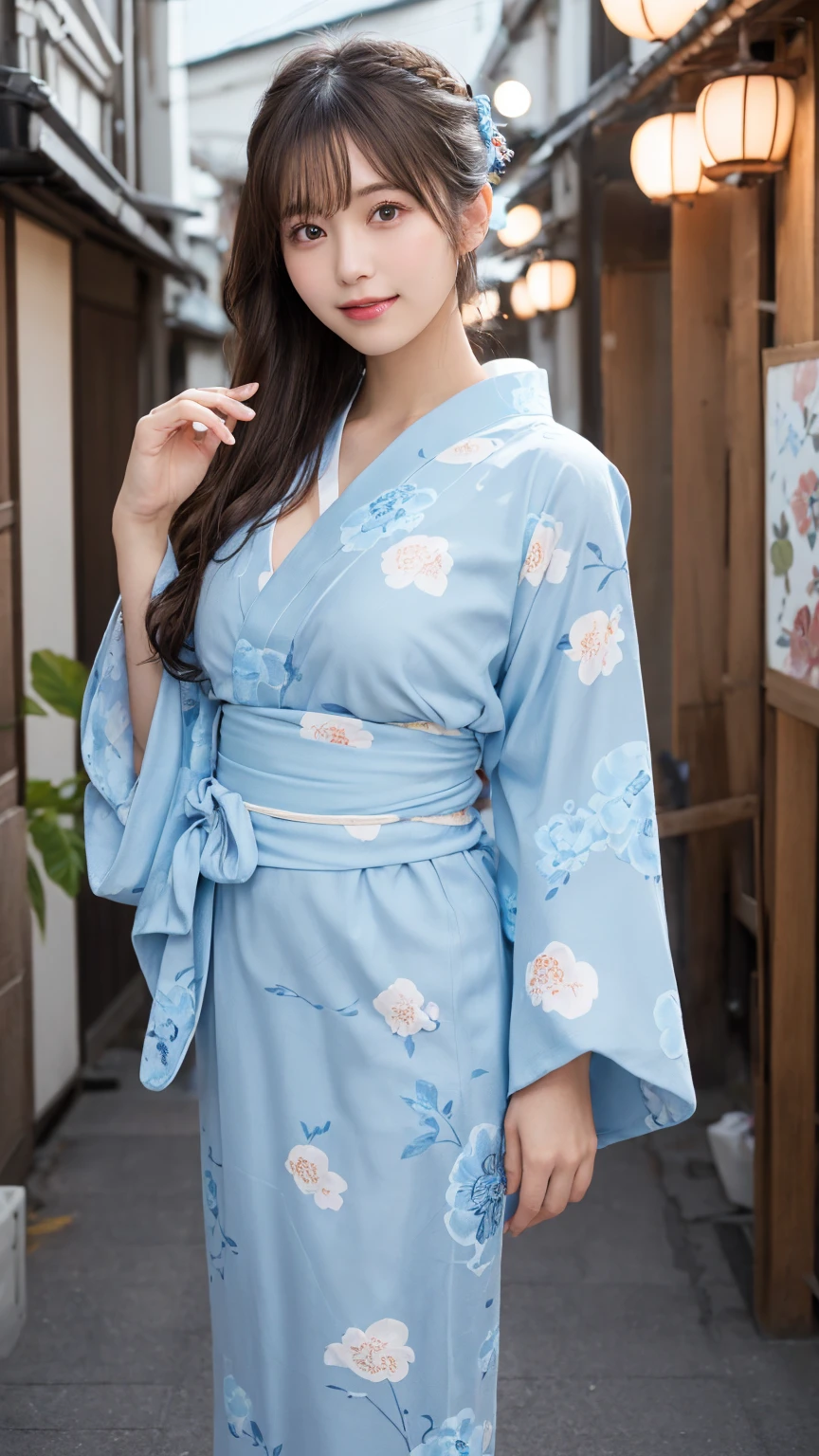 masutepiece, Best Quality, Illustration, Ultra-detailed, finely detail, hight resolution, 8K Wallpaper, Perfect dynamic composition, Beautiful detailed eyes, nsfw, cleavage, Seductive pose, Full body, light brown hair, hair bun, ponytail, (Absurdly Long Hair:1.6), (Beautiful Voluminous breasts), (real looking skin), Natural Color Lip, (The best smile), 17 year old, Beautiful girl, (show off nipple), (panty shot), (Open yukata), (light blue floral pattern yukata:1.5), (Japanese alley background:1.4)