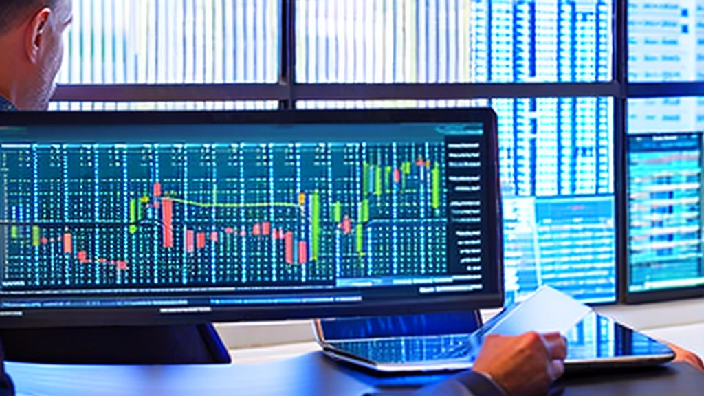 man watching computer screen, financial market, On-screen graphics, third person view, featured screen