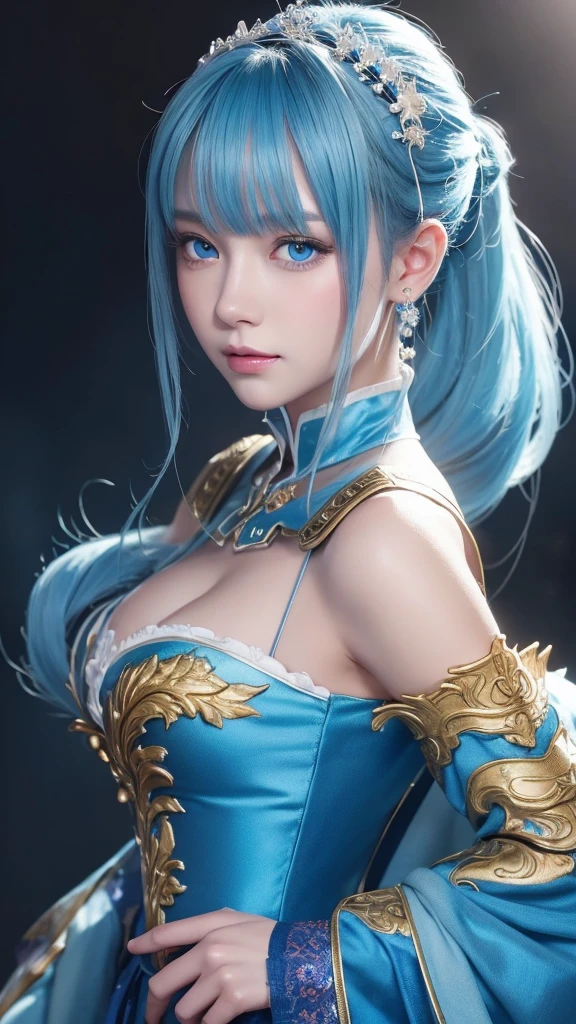 8k,Close-up of a woman in a blue and white dress、Draw your sword,Blue Hair, Super Beauty,(Like the real thing)blue eyes,ponytail,Chengwei Pan at Art Station、 By Yang Jo、 Detailed fantasy art、Amazing character art、 Fan Art Best Art Station、 Gorgeous and detailed character art、 Beautiful Armor、Highly detailed art gems、 Detailed digital animation art、 Art Station pixiv's artgerm、 Girl in armor,Dynamic Angle,Ultra-high resolution,Laugh out loud,Realistic Skin,attractive,Sexy,Active,Rich colors, Backlight, Cinema Lighting, Film Grain, 50mm lens, Nikon D850,Ultra-high resolution,Ultra-realistic,compensate,Super sexy,Big eyes,Beautiful breasts,Dynamic pose,