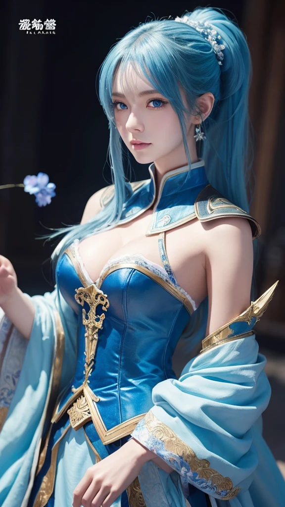 8k,Close-up of a woman in a blue and white dress、Draw your sword,Blue Hair, Super Beauty,(Like the real thing)blue eyes,ponytail,Chengwei Pan at Art Station、 By Yang Jo、 Detailed fantasy art、Amazing character art、 Fan Art Best Art Station、 Gorgeous and detailed character art、 Beautiful Armor、Highly detailed art gems、 Detailed digital animation art、 Art Station pixiv&#39;s artgerm、 Girl in armor,Dynamic Angle,Ultra-high resolution,Laugh out loud,Realistic Skin,attractive,Sexy,Active,Rich colors, Backlight, Cinema Lighting, Film Grain, 50mm lens, Nikon D850,Ultra-high resolution,Ultra-realistic,compensate,Super sexy,Big eyes,Beautiful breasts,Dynamic pose,