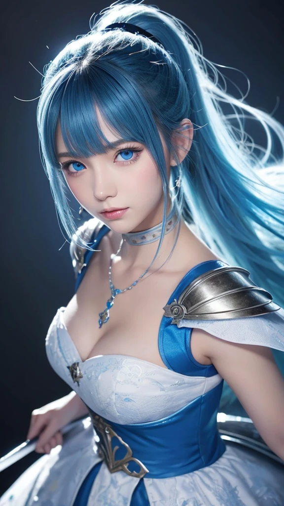 8k,Close-up of a woman in a blue and white dress、Draw your sword,Blue Hair, Super Beauty,(Like the real thing)blue eyes,ponytail,Chengwei Pan at Art Station、 By Yang Jo、 Detailed fantasy art、Amazing character art、 Fan Art Best Art Station、 Gorgeous and detailed character art、 Beautiful Armor、Highly detailed art gems、 Detailed digital animation art、 Art Station pixiv's artgerm、 Girl in armor,Dynamic Angle,Ultra-high resolution,Laugh out loud,Realistic Skin,attractive,Sexy,Active,Rich colors, Backlight, Cinema Lighting, Film Grain, 50mm lens, Nikon D850,Ultra-high resolution,Ultra-realistic,compensate,Super sexy,Big eyes,Beautiful breasts,Dynamic pose,