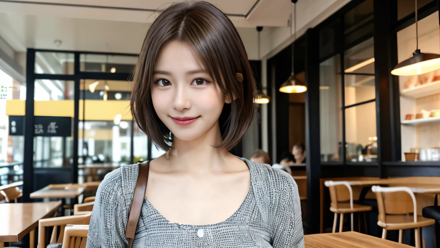 super high quality, Slenderのネックレス, Slender, The staff is working at the counter in the back., (8k、RAW Photos、Highest quality、masterpiece:1.2), Japanese Idol, Stylish café, Fashion magazine photoshoot, (Realistic、Photorealistic:1.37), Urban Cafe, Golden Ratio, Raw photo, Cute face , Light Brown Hair, Small breasts, Bright cafe interior, Blurred Background, Summer clothes, Cafe Terrace, Open Cafe, Photographed inside the cafe, A kind smile, Hair blowing in the wind, Neat clothes, boyish, Very Short Hair, 18-year-old, younger sister, Stylish clothes,