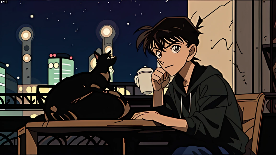 best quality, 8k, 1990s style,2010s hairstyles, 21-year-old boy, black hair,  light brown eyes, city pop, pants ,night view, wearing headphones, whole body,  relax coffee,table,confection,Looking at me, Black cat
