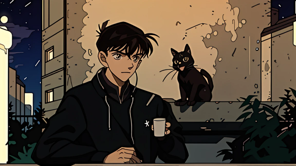 best quality, 8k, 1990s style,2010s hairstyles, 21-year-old boy, black hair,  light brown eyes, city pop, pants ,night view, wearing headphones, whole body,  relax coffee,table,confection,Looking at me, Black cat
