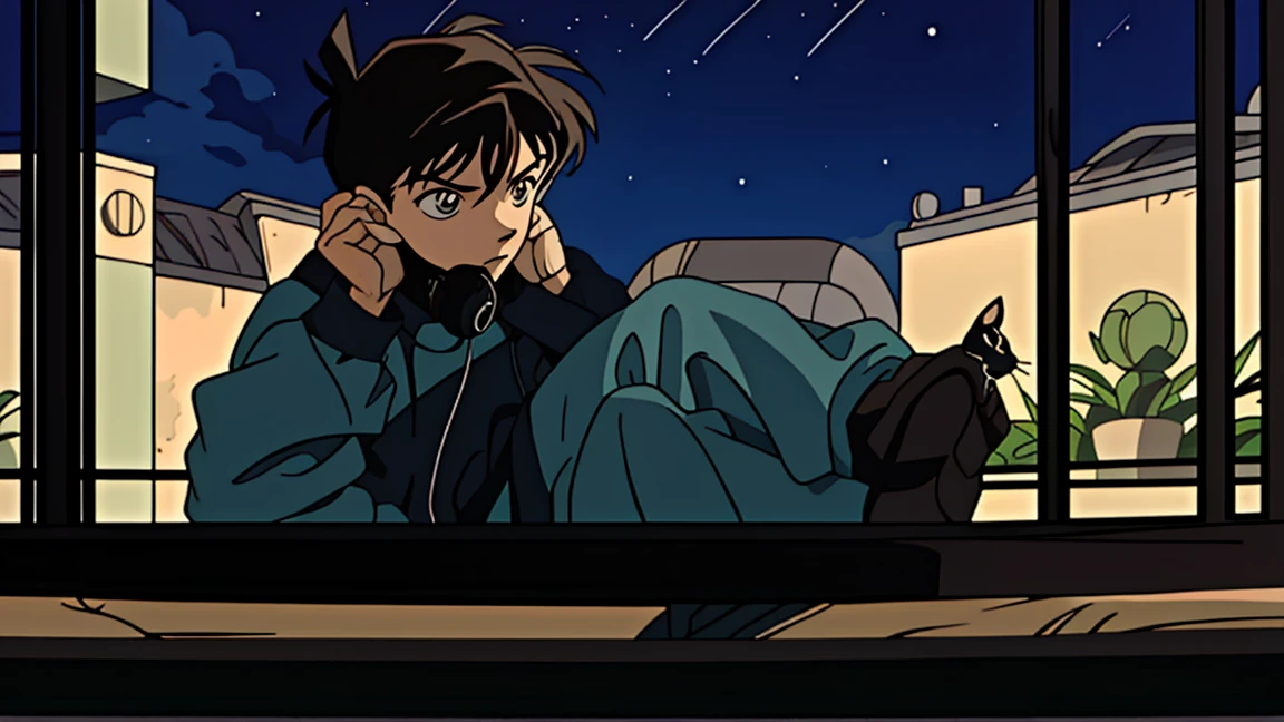 best quality, 8k, 1990s style,2010s hairstyles, 21-year-old boy, black hair,  light brown eyes, city pop, pants ,night view, wearing headphones, whole body,  relax coffee,table,confection,Looking at me, Black cat
