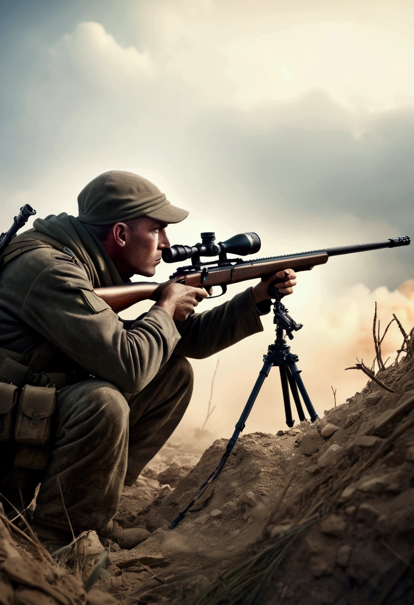 (Sniper), Under the cover of night, the sniper's figure merged with the darkness, his night vision device emitted a faint light, emphasizing the sniper's focused expression, full body, award-winning, cinematic still, emotional, vignette, dynamic, vivid, (masterpiece, best quality, Professional, perfect composition, very aesthetic, absurdres, ultra-detailed, intricate details:1.3)