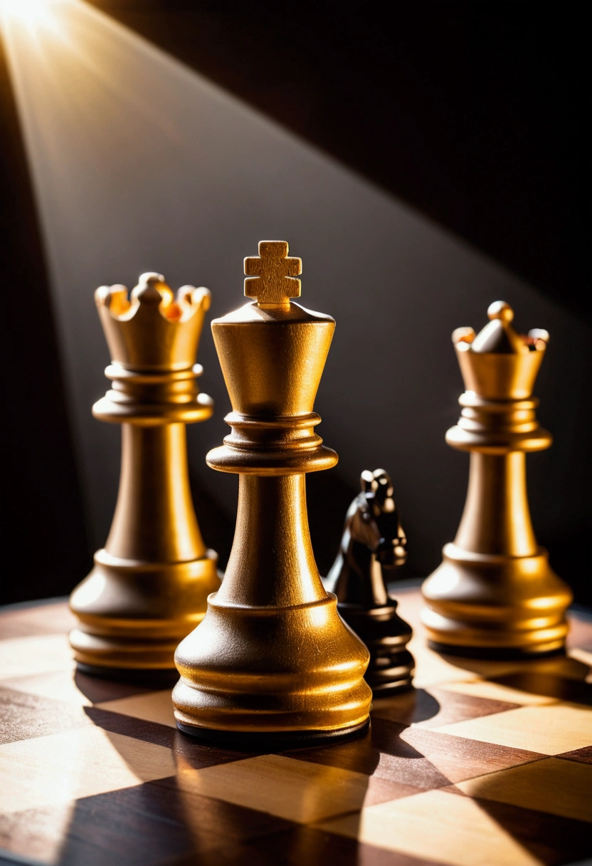 DSLR, f/2.8, Lens flare, 5D, 16k, Super-resolution . hyper-realistic photograph of chess pieces, close up, best design, spectacular craftsmanship, photorealistic, dramatic lighting --ar 9:16 --stylize 750