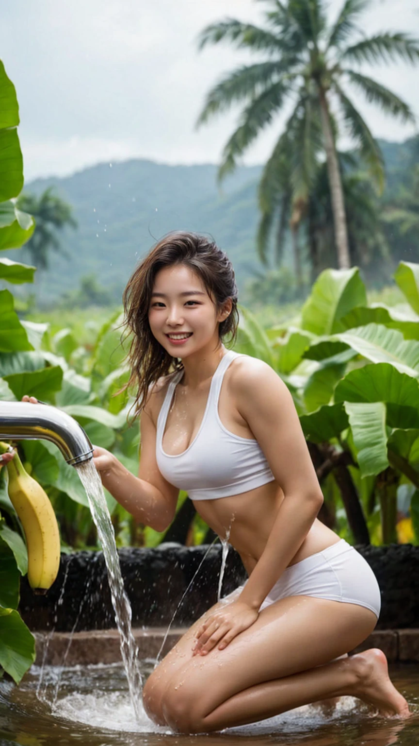 A stunning Ultra High Definition 8K portrait image capturing a beautiful young Korean woman with a large chest and messy hair. She is kneeling beneath a running water tap, soaking her body and causing her white thin-strapped tank top to become semi-transparent. Her joyful and happy expression is accentuated as she spreads her arms wide, embracing the refreshing water. The background features a lush banana plantation and a clear blue sky, creating a serene and tropical atmosphere.