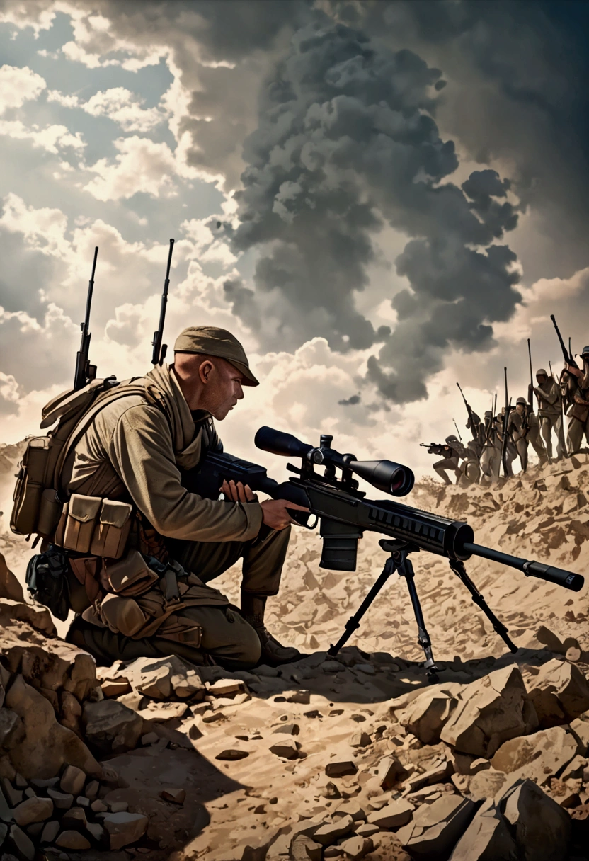 (Sniper), Under the cover of night, the sniper's figure merged with the darkness, his night vision device emitted a faint light, emphasizing the sniper's focused expression, full body, award-winning, cinematic still, emotional, vignette, dynamic, vivid, (masterpiece, best quality, Professional, perfect composition, very aesthetic, absurdres, ultra-detailed, intricate details:1.3)