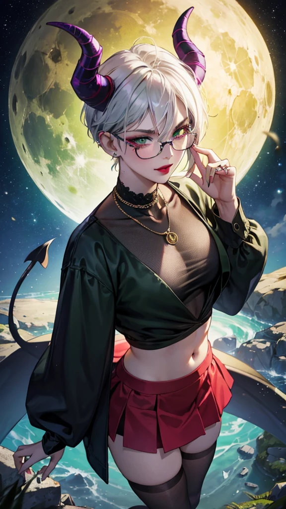 8k, masterpiece, best quality, highly detailed, 1 girl, tiefling, warlock, multicolored hair, very short straight hair green highlight hair on white hair, strippled hair, wearing glasses, round glasses, earrings, navel piercing, miniskirt, red eyeshadow, long eyelashes, blushed cheek, red lips, necklace, rings, collarbone, mole, glamorous, olive green clothing, smirk, fullbody view, rings, looking at viewer, demon horns, solo, nightmarish landscape, blue pale moon, standing, cosmic horror, decaying.