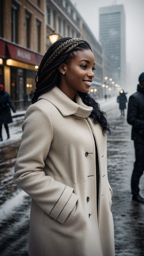 A beautiful beautiful black woman, beautiful silhouette, beautifuls + gentle lips+Businessman Tresse) are in a company . very realistic Ivorian communications manager,,,,,,,,,,,, perfect smile beautiful white teeth,,,,,,,,, Make-up natural, chice, Wear warm winter fashion clothes, ((Do lado de fora, on the snowy city street)), stunning modern surroundings, ultra realisitic, concept drawing, chic, highy detailed, complicated, keen focus, Depth oF Field, F/1. 8, 85mm, medium shot, medium shot, (((professionally color graded))), Spilled, soft, diffuse light, (Volumetric fog), Trending on Instagram, HD 4k, 8k

