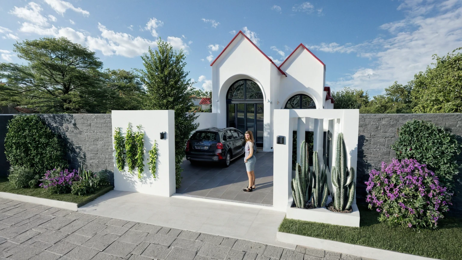 Raw photo,Masterpiece, high quality, best quality, authentic, super detail, exterior, outdoors,A small, one-story house with a white exterior with two prominent archways at the entrance. The house has a red, gabled roof and dark-framed windows. There are several plants near the entrance, including a climbing plant with purple flowers. The steps leading up to the entrance are black, with potted plants on both sides.,pavement, grass, trees, blue sky, (daylight:1.1), ((realistic photo))