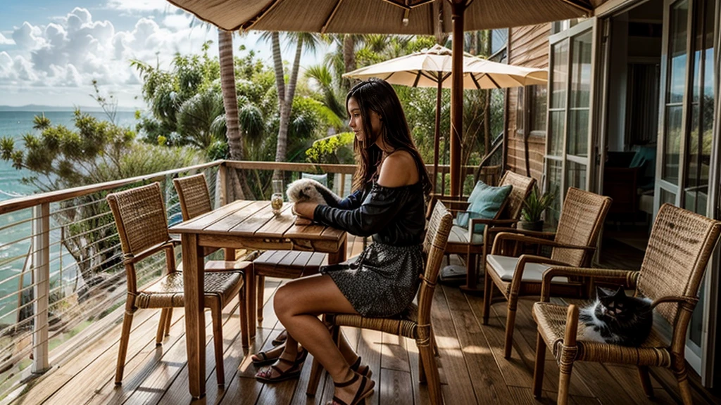 Sandy beach, wooden open terrace,(( woman holding cat)), pleasant breeze, chairs and table, strong sunlight, sea view, beautiful woman, hair blowing in the wind,