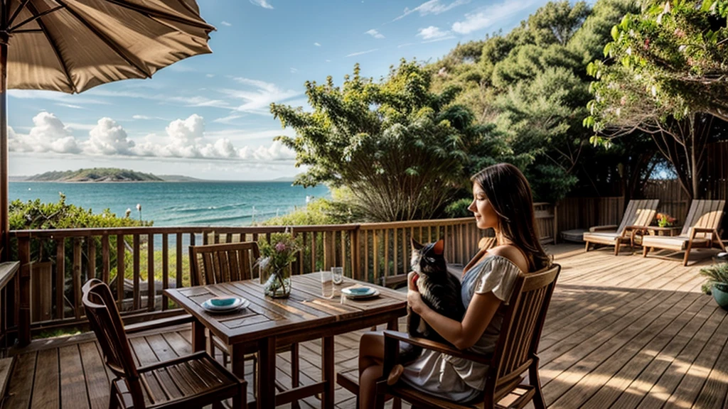 Sandy beach, wooden open terrace,(( woman holding cat)), pleasant breeze, chairs and table, strong sunlight, sea view, beautiful woman, hair blowing in the wind,