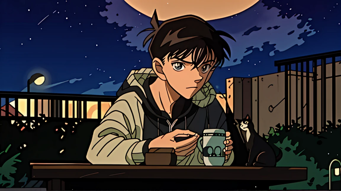 best quality, 8k, 1990s style,2010s hairstyles, 21-year-old boy, black hair, light brown eyes, city pop, pants ,night view, wearing headphones, whole body, relax coffee,table,confection,Looking at me, Black cat