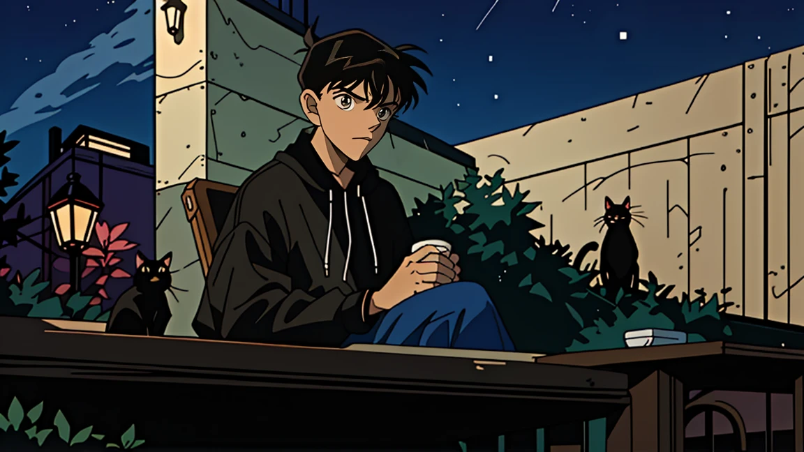 best quality, 8k, 1990s style,2010s hairstyles, 21-year-old boy, black hair, light brown eyes, city pop, pants ,night view, wearing headphones, whole body, relax coffee,table,confection,Looking at me, Black cat