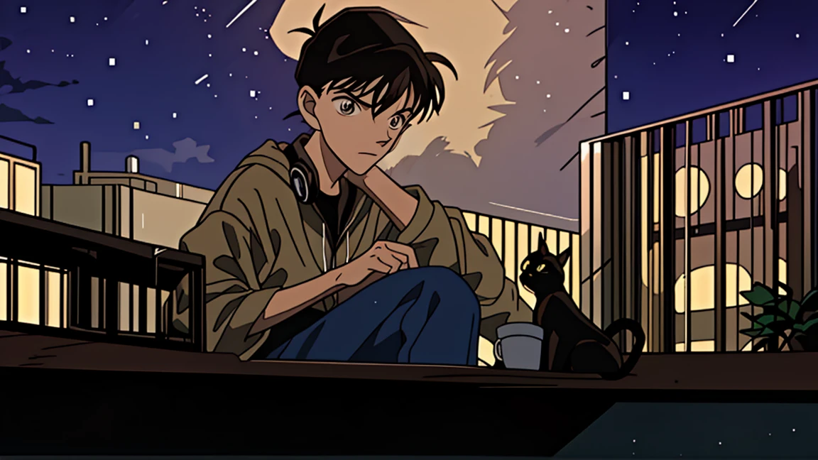 best quality, 8k, 1990s style,2010s hairstyles, 21-year-old boy, black hair, light brown eyes, city pop, pants ,night view, wearing headphones, whole body, relax coffee,table,confection,Looking at me, Black cat