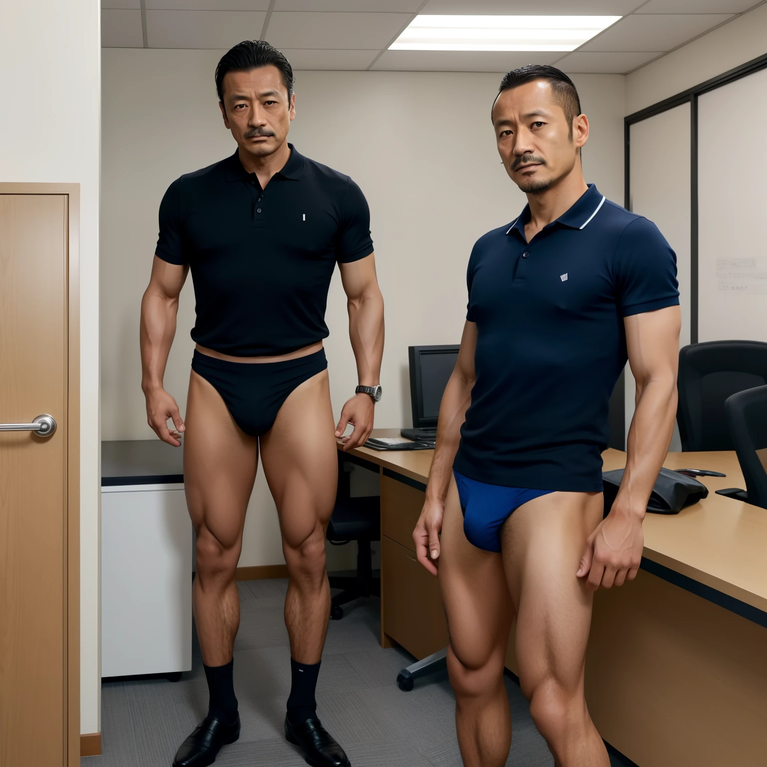 40 years old,Hidetoshi Nakata,(Kogoro Mori 1.3),Two skinny muscular men standing,office,whole body,Black socks,Thick body hair,Blue underwear,Topless,Densely hairy,Fortitude,HD,With a mustache,Polo Shirt