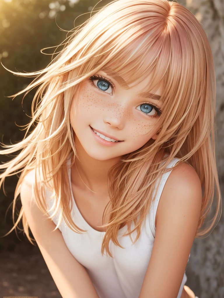 (best quality), 1girl, female, sun kissed skin, blonde hair, medium hair, swept bangs, pink streaked hair, brown eyes, perfect eyes, freckles, , skinny body, smile, small bust, masterpiece, anatomically correct, highres