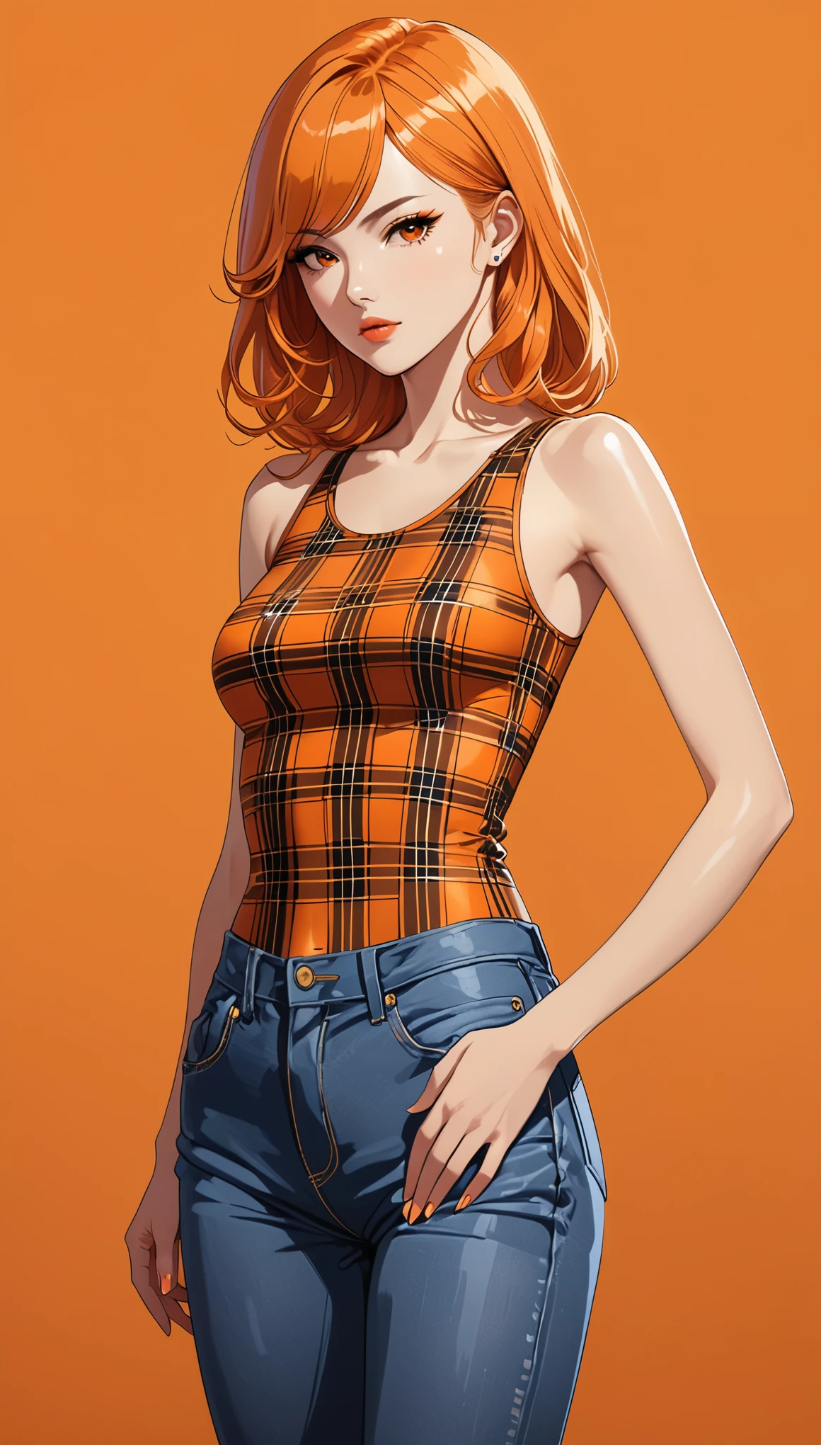 in style of Kilian Eng,1girl,独奏,Orange background,Plaid sleeveless bodysuit T-shirt,jeans,(((Lean forward))),Standing,1 hand supports the leg,The other hand is behind his back,looking at viewer,Long orange hair,Simple style,,lifelike,Realism,Rendering style,C4D,Detail eyes,Detailed Skin,