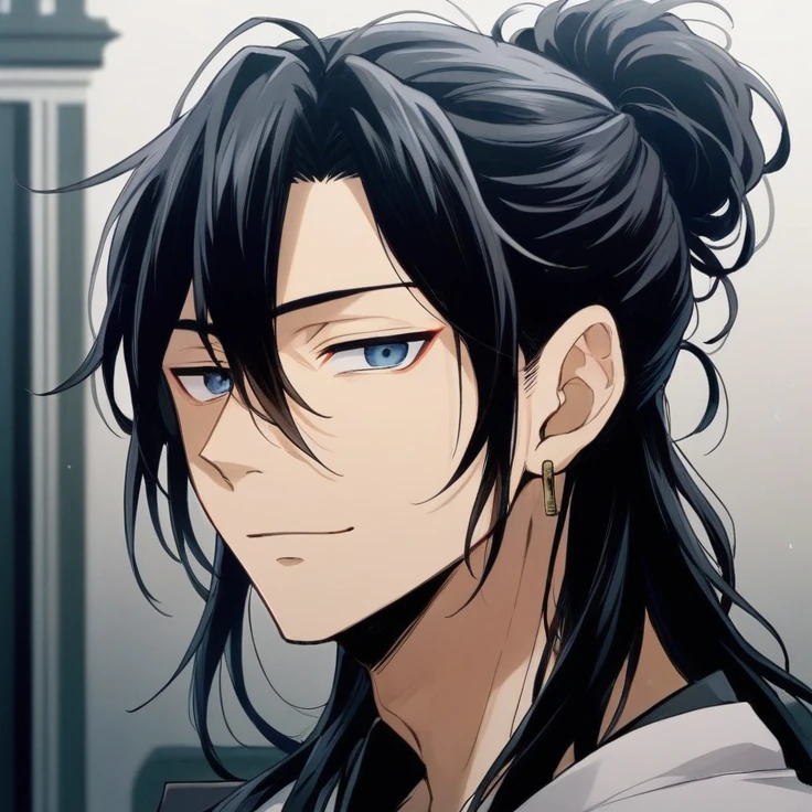アニメ, a man with long black hair and blue eyes looks at the camera, inspired by Okumura Masanobu. handsome anime man, tsurumaki kazuya, Sui Ishida, with black hair. Her long black hair is well maintained and tied into a high bun., with some loose strands at the front. kentaro miura style, male anime character, Mai Yoneyama. handsome guy in demon slayer art, but with a gentle and welcoming expression, showing a soft smile. He has fair skin and wears silver earrings in both ears.. Wearing a simple, traditional outfit.
