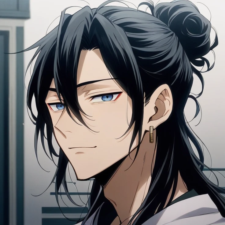 アニメ, a man with long black hair and blue eyes looks at the camera, inspired by Okumura Masanobu. handsome anime man, tsurumaki kazuya, Sui Ishida, with black hair. Her long black hair is well maintained and tied into a high bun., with some loose strands at the front. kentaro miura style, male anime character, Mai Yoneyama. handsome guy in demon slayer art, but with a gentle and welcoming expression, showing a soft smile. He has fair skin and wears silver earrings in both ears.. Wearing a simple, traditional outfit.