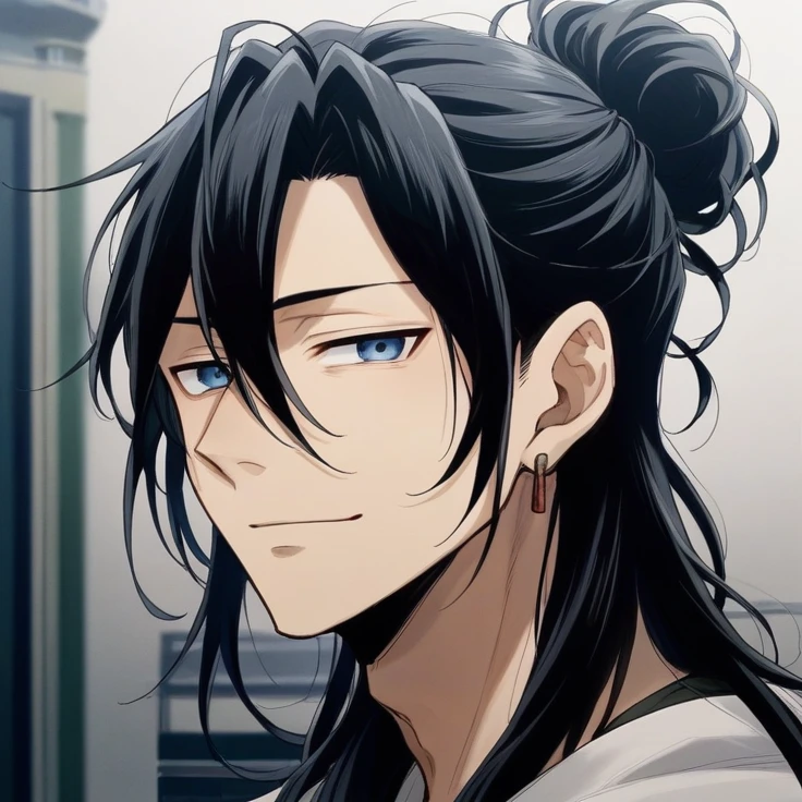 アニメ, a man with long black hair and blue eyes looks at the camera, inspired by Okumura Masanobu. handsome anime man, tsurumaki kazuya, Sui Ishida, with black hair. Her long black hair is well maintained and tied into a high bun., with some loose strands at the front. kentaro miura style, male anime character, Mai Yoneyama. handsome guy in demon slayer art, but with a gentle and welcoming expression, showing a soft smile. He has fair skin and wears silver earrings in both ears.. Wearing a simple, traditional outfit.