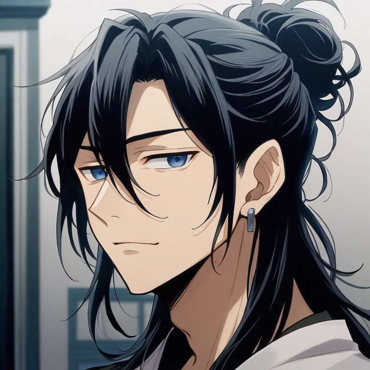 アニメ, a man with long black hair and blue eyes looks at the camera, inspired by Okumura Masanobu. handsome anime man, tsurumaki kazuya, Sui Ishida, with black hair. Her long black hair is well maintained and tied into a high bun., with some loose strands at the front. kentaro miura style, male anime character, Mai Yoneyama. handsome guy in demon slayer art, but with a gentle and welcoming expression, showing a soft smile. He has fair skin and wears silver earrings in both ears.. Wearing a simple, traditional outfit.