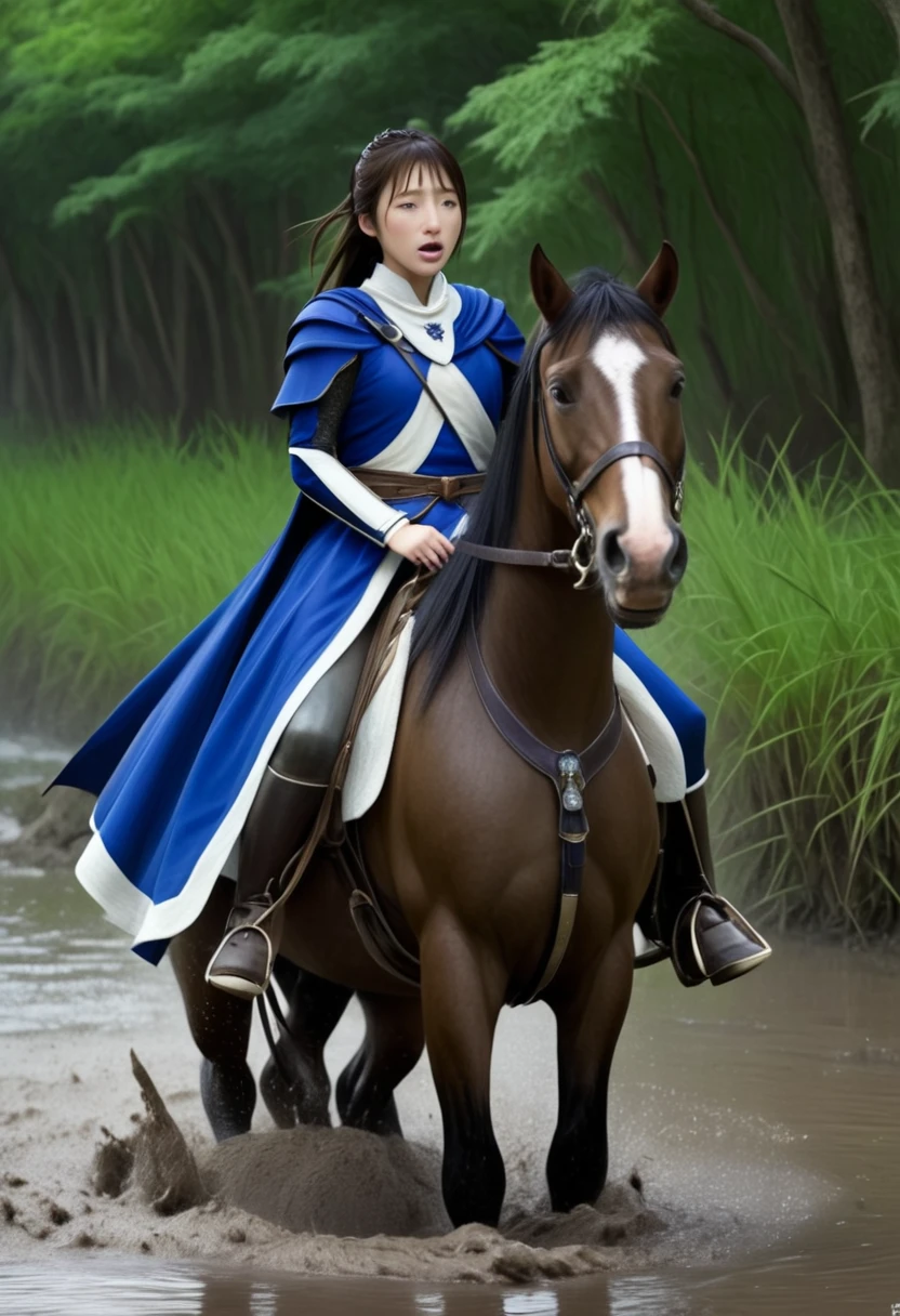 (((masterpiece))),(((Highest quality))),((Tabletop:1.4, Highest quality)), (Realな写真:1.4), in the muddy river,dirty swamp,horse ridden by girl fall over swamp,Sweaty girl,
((1 cute girl knight)),rodeo,horse standing,Surprised face,stumble,aggressive,slouch,horse standing, prancing horse in pitfall,cute,Napoléon horse sliped in pitfall,in the pitfall,Uplifting,Knight Princess,
(超High resolution:1.2),, wonderful, Very detailed CG Unity 8k wallpaper, Very detailed, High resolution,fat horse ridden by japanese girl,Double,Royal blue armor, cape and crown,Soaking in the swamp,Mud Splash,
Soft Light, Beautiful detailed girl, Droopy eyes,Very detailedな目と顔, Beautiful and exquisite nose, Beautiful and exquisite, horse ridden by a girl can't stand up because its drowned in the sticky muddy pitfall:10.0 ,Displeased face:4.0,Real,Stir,Anatomically correct,action horse riding scene while struggle fighting