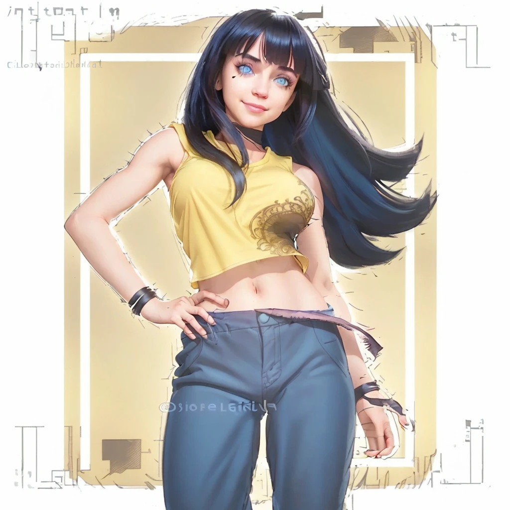a girl, cinematic lighting, realistic, medium contrast, high lighting, facial details, intricate details, color details, 3D images, beautiful face, smile, a ninja, long black hair, middle bangs, blue eyes looking to the front, pink mouth, 2 smooth arm, short yellow sleeveless shirt, 2 arms, armpit, big breasts