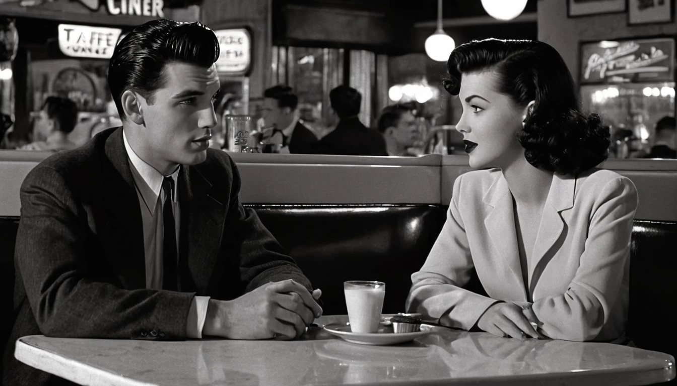 Image of a young couple of man and woman sitting at a table in a cafe diner, film noir realistic, diner scene, Classic Film Noir Scenes, In a 50's diner, diner caffee, 1950s illustration style, In a classic 50's diner, ( Art Fitzpatrick ), 1950s Film Noir, Painted in a noir style