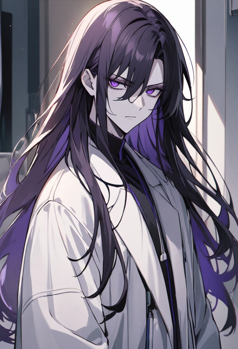 male。Wearing a white coat。黒髪long。Long Hair。long。Black inner。Look sick。Purple Eyes。　Expressionless。Cool impression。doctor。Pale skin。thin体。Worried eyebrowature。thin。（美しい若いmale）, A serious expression, as if staring right at me, high quality, Draw Amount, Pixiv illustration、Hospital room