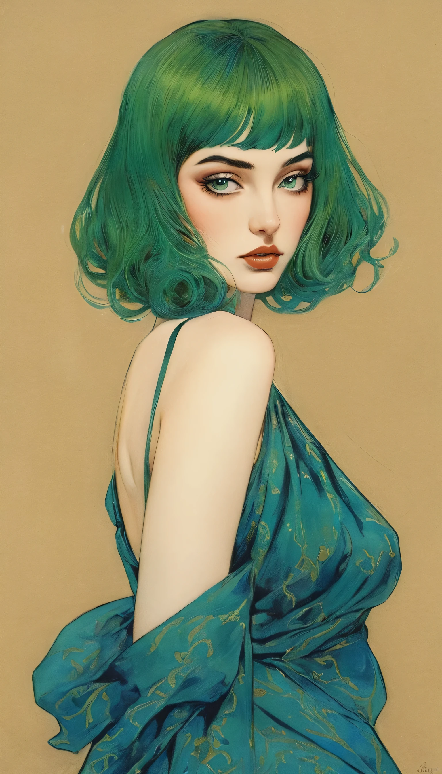 Chiaroscuro used in sensual illustration of a lascivious princess (((Green hair with bangs:1.4、Beautiful Eyes) , Vintage ,Silk dress, Matte Paint, John Singer Sargent, by Katsuya Terada、 Very soft color, Dark Vivid, Dark Blue Pastel, Very detailed, Digital Art, High Contrast, dramatic, Sophisticated, tone, Intimate, Sensuality and romance、Masterpiece、Minimalist、Pop surrealism、pop art、drawing、Beautiful Face