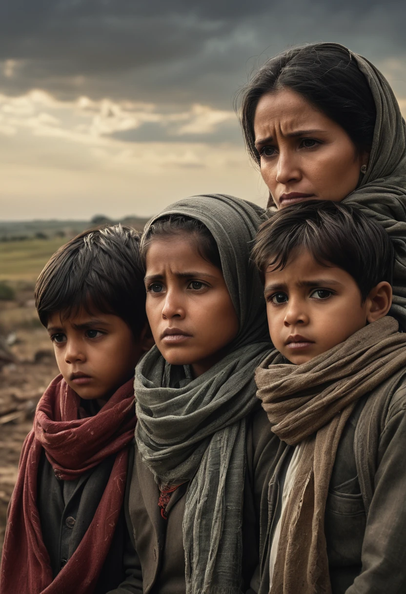 In a somber, war-torn landscape, a mother wearing scarf and her children await the return of their father, tears glistening in their eyes, The scene is depicted with a poignant, hyperrealistic quality, capturing the raw emotion etched on their faces and the worn textures of their surroundings with anatomical precision