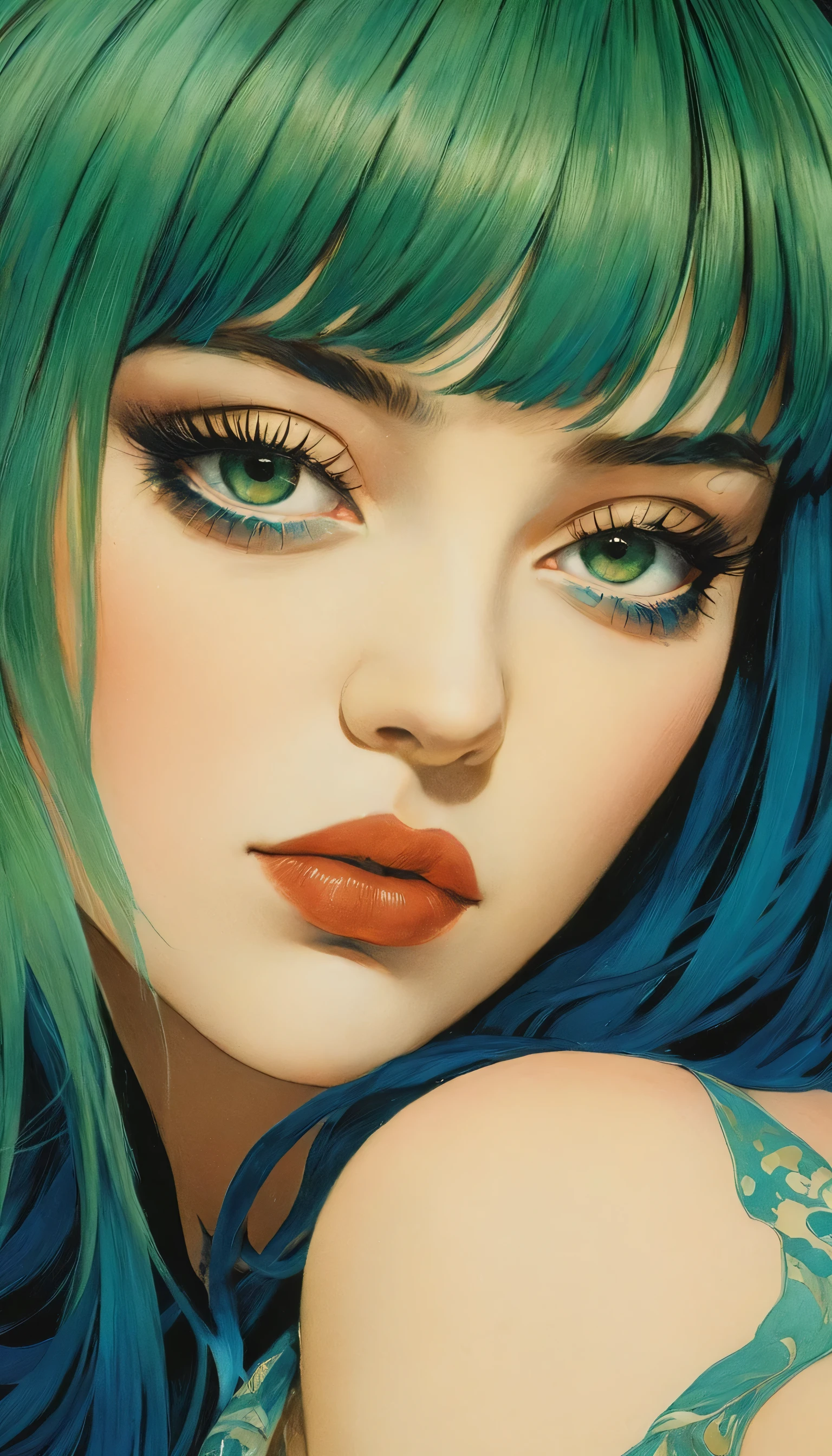 Chiaroscuro used in sensual illustration of a lascivious princess (((Green hair with bangs:1.4、Beautiful Eyes) , Vintage ,Silk dress, Matte Paint, John Singer Sargent, by Katsuya Terada、 Very soft color, Dark Vivid, Dark Blue Pastel, Very detailed, Digital Art, High Contrast, dramatic, Sophisticated, tone, Intimate, Sensuality and romance、Masterpiece、Minimalist、Pop surrealism、pop art、drawing、Beautiful Face
