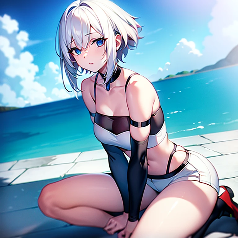 (High reality photograph, high resolusion, detailed face, detailed eyes), eines, solo, bob cut, (skinny, petite:1.6), (10 years old:1.5), white bikini, (white hair), (micro bikini:1.5), (only wearing bikini:1.2), collarbone, cute face, baby face, (showcasing cleavage:1.4), underboob, (cameltoe:1.2), (narrow waist:1.4), (thin legs:1.4), (large breasts:1.4), emerald eyes, (cute eyes:1.4), (pale skin:1.3), (shiny skin:1.3), (armpit:1.3), open legs, groin, full body, poolside, erect nipples