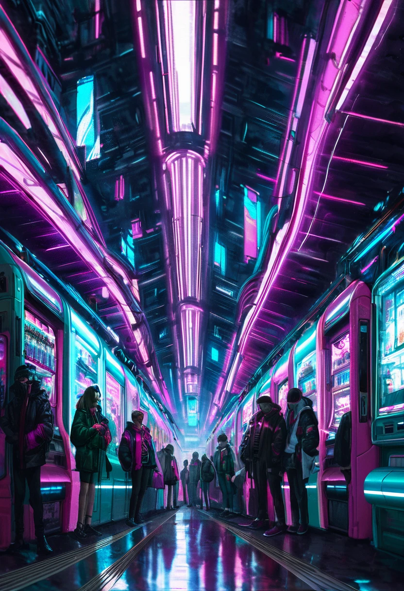 Cyberpunk Train Station: A bustling train station filled with neon lights and holographic advertisements. The train, a sleek metallic beast, arrives with sparks flying from its tracks. People in 80s-inspired cyberpunk attire wait on the platform, surrounded by graffiti-covered walls and futuristic vending machines, cyberpunk aesthetic, digital painting, ultra fine details, cinematic atmosphere