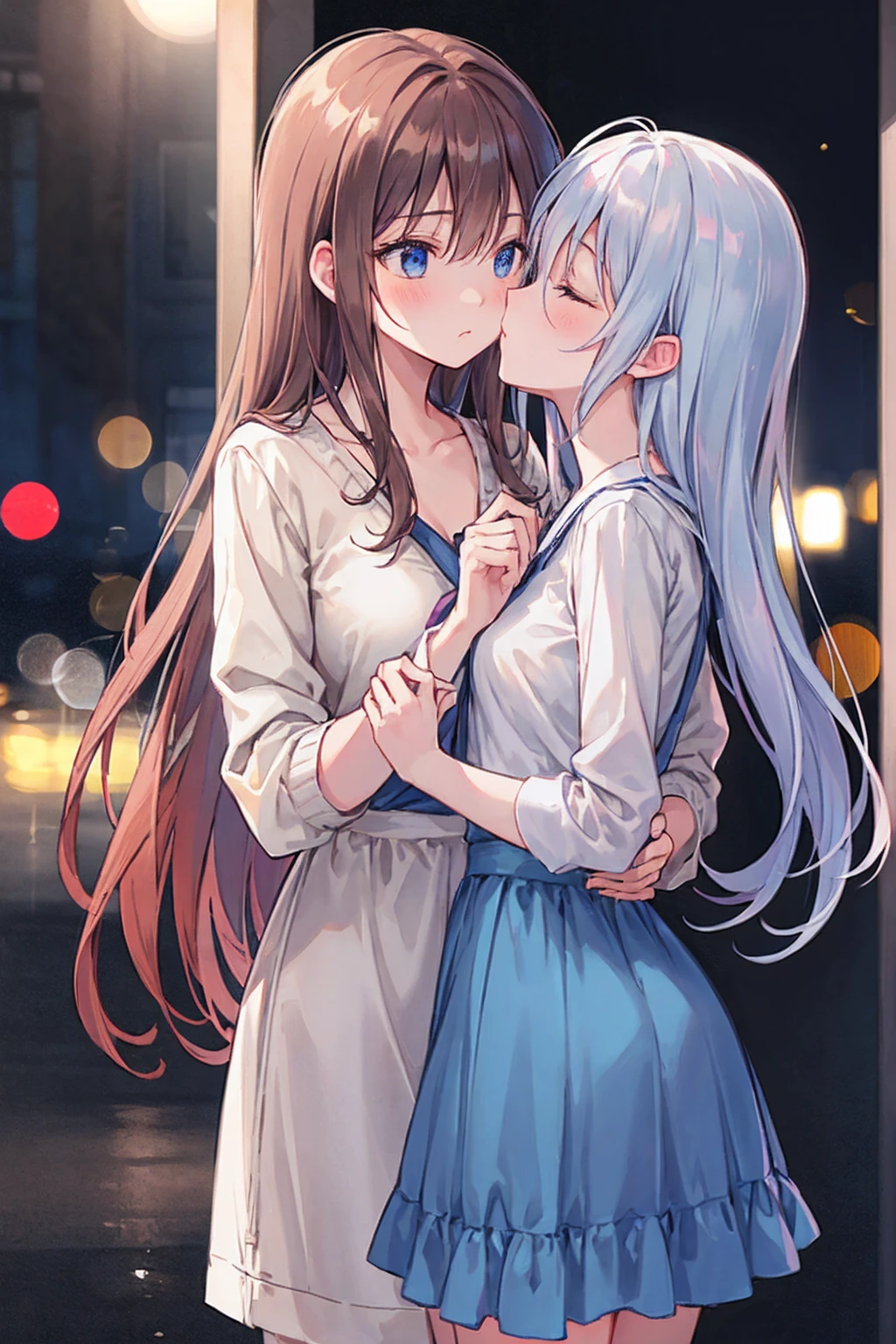 (masterpiece) Attention to detail, maleとwomanが着ている ,masterpiece)(High definition)Couple in their 20ale1名, woman1名、Light 、Kissing、womanのためのロマンス、Shiny atmosphere、Glossy appearance、woman(Brown medium-long hair )Close ~ eyes、Sweet Sigh、male(Black and unkempt hair、Y shirt, shirt)tightly close your eyes、background、The night deepens、dark, womanはショックを受けた, maleが壁に向かって彼女にキスをする, maleが腰を抱く, And his eyes were tightly closed, Romantic environment,((Highest quality)), (Very detailed), (High definitionCG合成8K壁紙), 高いly detailed, 高い-definition raw color photos, Professional photography, (((Bokeh))), Written boundary depth,Bust Shot