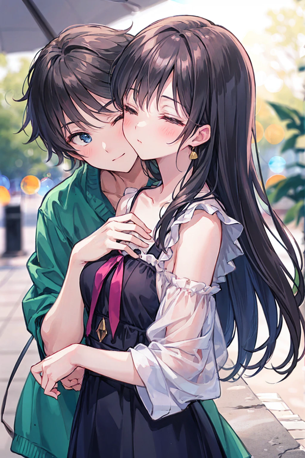 (masterpiece) Attention to detail, maleとwomanが着ている ,masterpiece)(High definition)Couple in their 20ale1名, woman1名、Light 、Kissing、womanのためのロマンス、Shiny atmosphere、Glossy appearance、woman(Brown medium-long hair )Close ~ eyes、Sweet Sigh、male(Black and unkempt hair、Y shirt, shirt)tightly close your eyes、background、The night deepens、dark, womanはショックを受けた, maleが壁に向かって彼女にキスをする, maleが腰を抱く, And his eyes were tightly closed, Romantic environment,((Highest quality)), (Very detailed), (High definitionCG合成8K壁紙), 高いly detailed, 高い-definition raw color photos, Professional photography, (((Bokeh))), Written boundary depth,Bust Shot