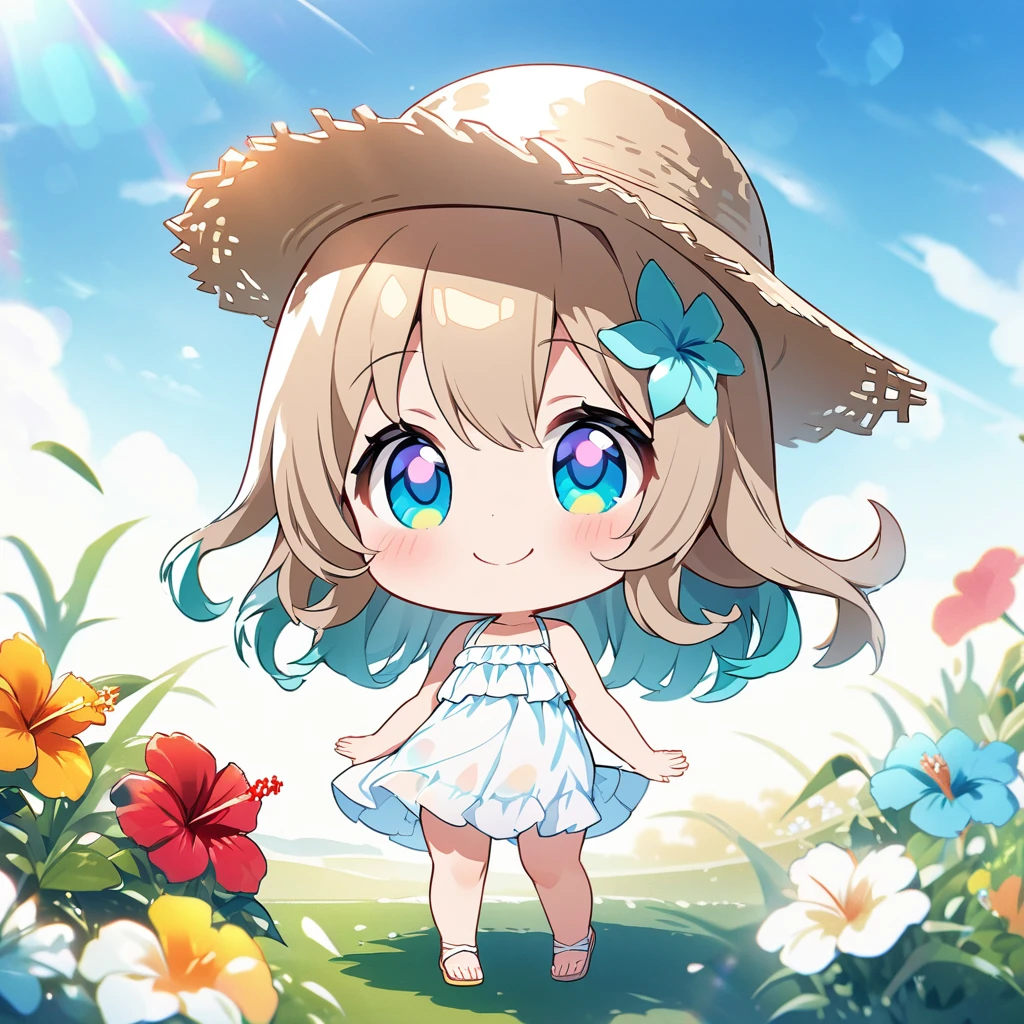 masterpiece, best quality, 4k、2D illustration, one beautiful girl, solo、(((chibi style)))、((vivid colors))、cute chibi, lovely chibi、((colorful))、((long beautiful hair)), glossy light brown hair, hair between eyes, cute, beautifully detailed eyes、((white summer dress))、((straw hat))、hibiscus hair ornament, flip-flops, ((happy smile))、((full body shot))、((summer grasslands))、((gentle breeze))、((blue sky))、sunbeam, white light, ((lens flare)), ((high color saturation)),