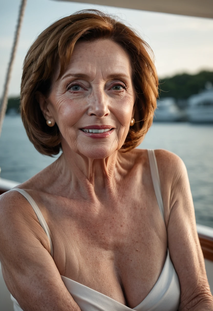 Nancy Pelosi, 73 year old woman, wrinkled skin, pale, freckles, (big saggy breasts), naked, sitting on a yacht deck,bokeh,f1.4,40mm,photorealistic,raw,8k,skin pores,dried-up,textured skin,intricate details,dramatic light,award winning,style by Dan Winters,RAW photography,film grain,(indistinguishable from reality:1.4),photo taken with a Bolex H16,captivating eyes,smiling,charming,striking features,character,thorough,