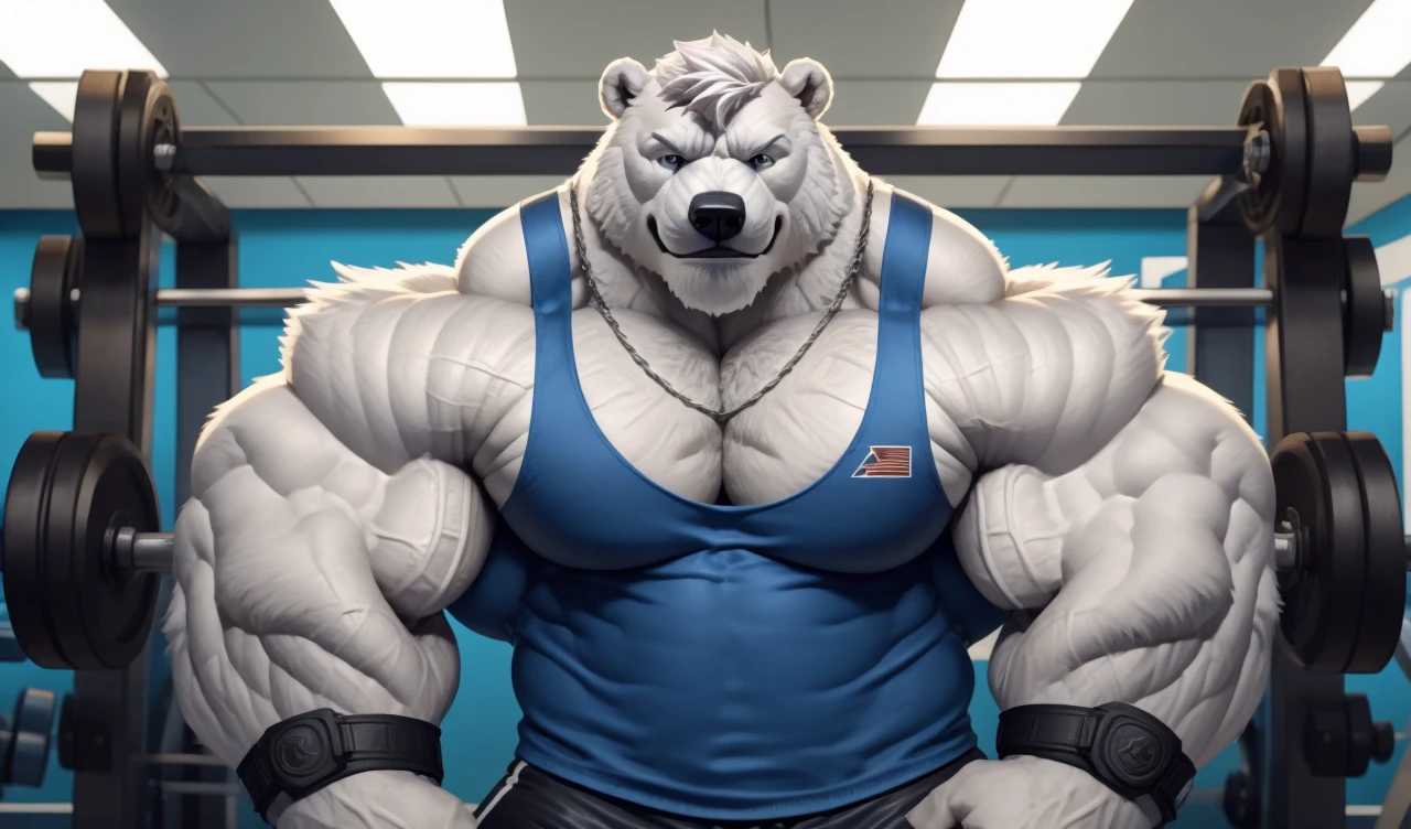 Brock Ólafsson The Huge Muscled Polar Bear, with White Hair, Blue Tank Top, Black Wristbands and Black Gym Shorts, Flexing His Thorax.