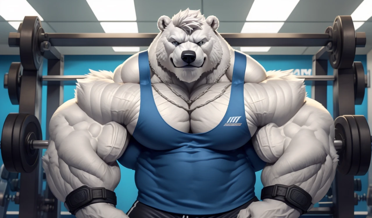 Brock Ólafsson The Huge Muscled Polar Bear, with White Hair, Blue Tank Top, Black Wristbands and Black Gym Shorts, Flexing His Thorax.