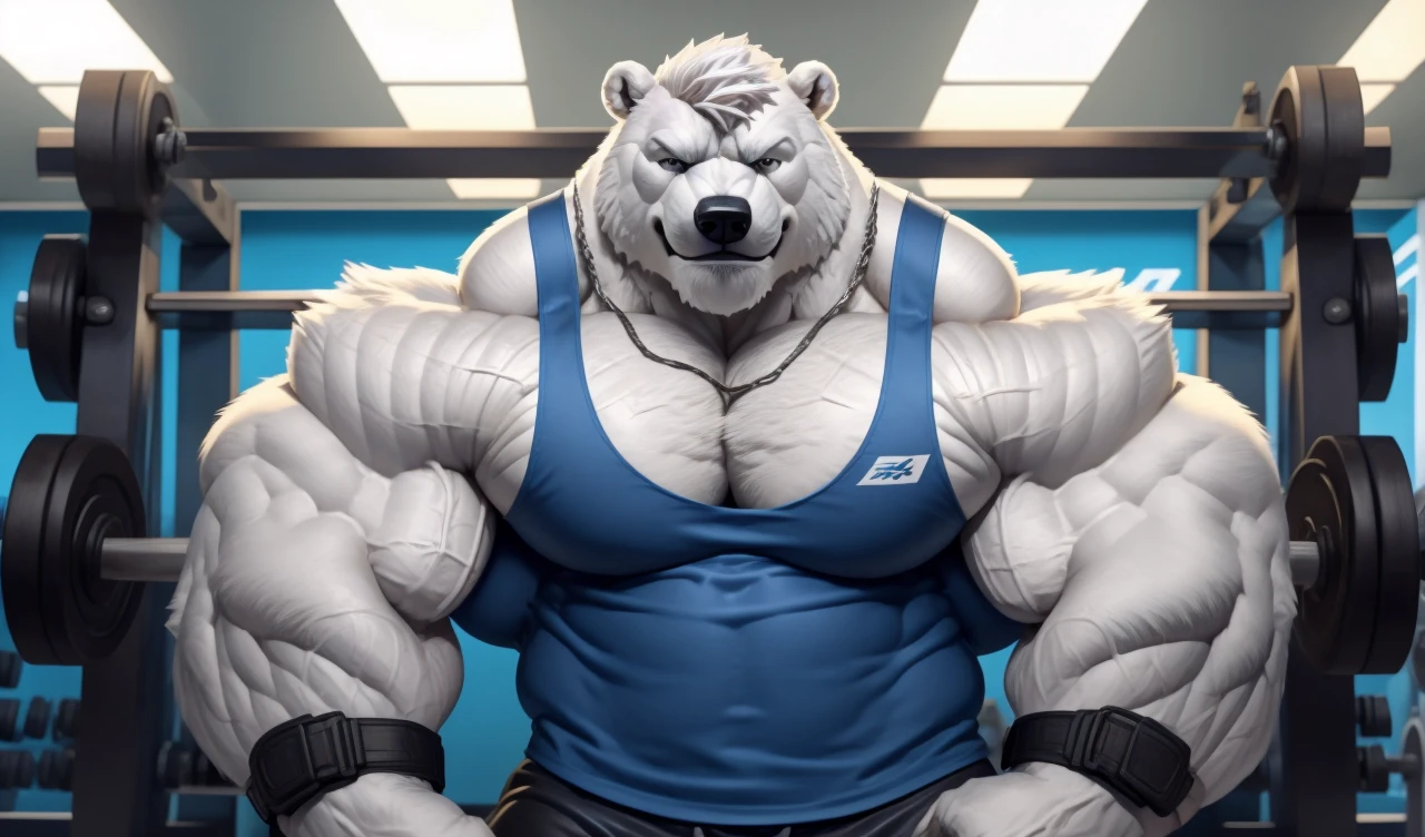 Brock Ólafsson The Huge Muscled Polar Bear, with White Hair, Blue Tank Top, Black Wristbands and Black Gym Shorts, Flexing His Thorax.