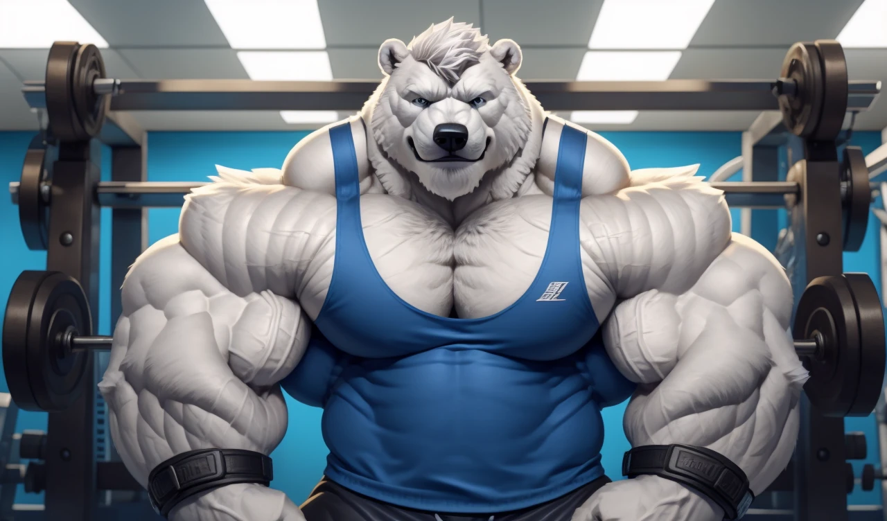 Brock Ólafsson The Huge Muscled Polar Bear, with White Hair, Blue Tank Top, Black Wristbands and Black Gym Shorts, Flexing His Thorax.