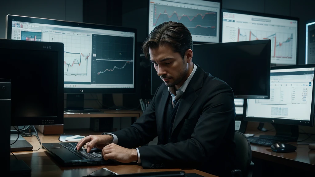 a man sitting at a computer desk, studying the financial market, detailed graphs and charts on the computer screen, third person perspective, computer screen in focus, intricate details, cinematic lighting, photorealistic, 8k, masterpiece, digital art, finance, data visualization