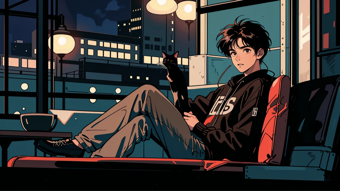 best quality, 8k, 1990s style,2010s hairstyles, 21-year-old boy, black hair, light brown eyes, city pop, pants ,night view, wearing headphones, whole body, relax coffee,table,confection,Looking at me, Black cat