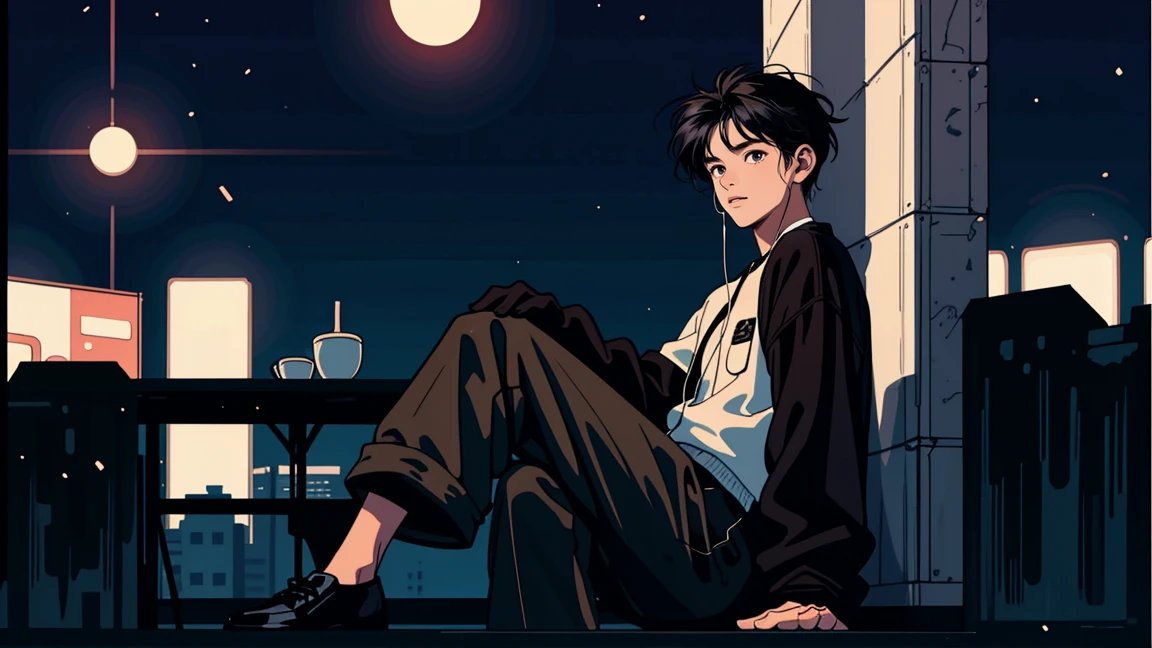 best quality, 8k, 1990s style,2010s hairstyles, 21-year-old boy, black hair,  light brown eyes, city pop, pants ,night view, wearing headphones, whole body,  relax coffee,table,confection,Looking at me, Black cat
