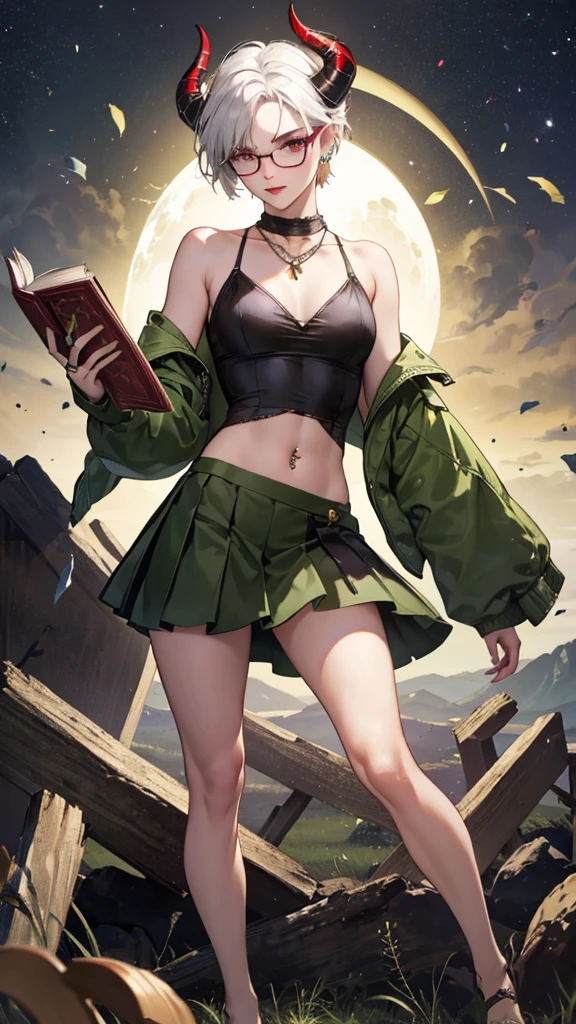 8k, masterpiece, best quality, highly detailed, 1 girl, tiefling, warlock, multicolored hair, very short straight hair green highlight hair on white hair, strippled hair, wearing glasses, round glasses, earrings, navel piercing, miniskirt, red eyeshadow, long eyelashes, blushed cheek, red lips, necklace, rings, collarbone, mole, glamorous, olive green clothing, smirk, fullbody view, rings, looking at viewer, demon horns, solo, nightmarish landscape, blue pale moon, standing, cosmic horror, decaying, holding books